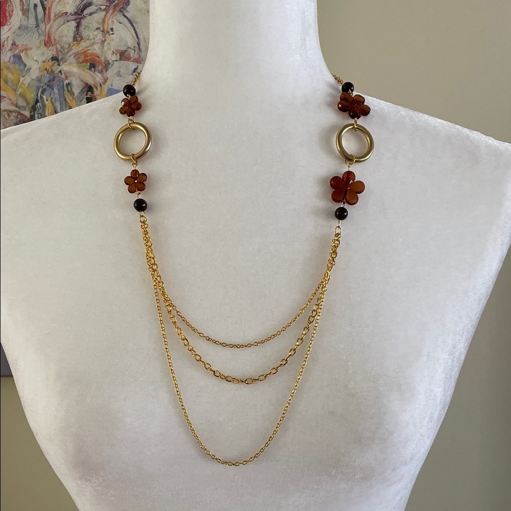 BOHO LAYERED GOLD CHAIN NECKLACE Amber Colored Resin Flowers & Goldtone Rings